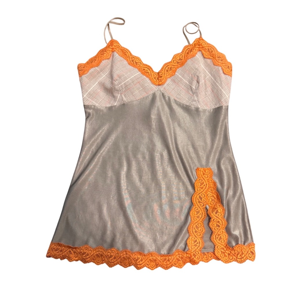 Anisette Women Small Metallic Taupe Orange Lace Trim Plaid Bust Chemise Top